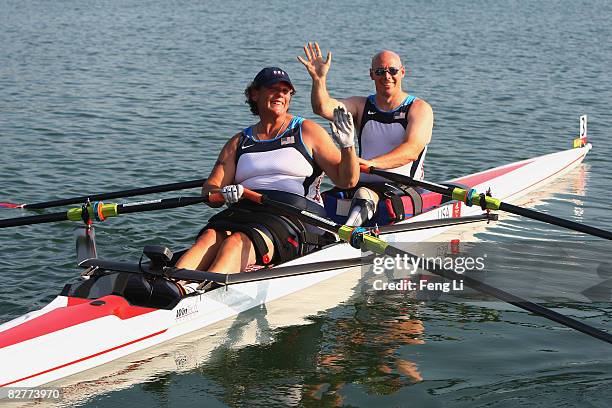 Scott Brown and Angela Madsen of USA celebrate after winning the Rowing Mixed Double Sculls - TA Final B at Shunyi Olympic Rowing-Canoeing Park...