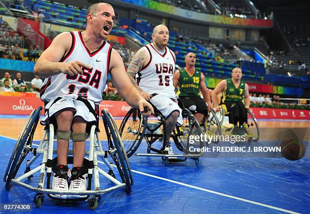 Paul Schulte of the US celebrates after scoring late in the game against Australia as Joe Chambers , Brad Ness and Shaun Norris look on in their...