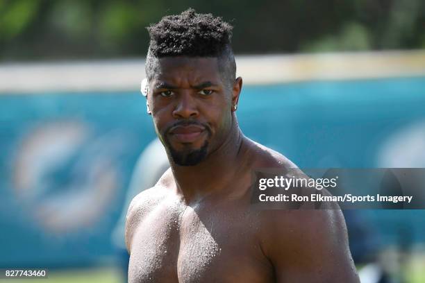 Cameron Wake of the Miami Dolphins looks on during training camp on August 8, 2017 at the Miami Dolphins training facility in Davie, Florida.