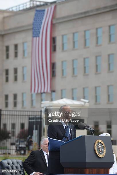 In this handout image provided by the U.S. Navy, Former Secretary of Defense Donald H. Rumsfeld speaks at the Pentagon Memorial dedication ceremony...