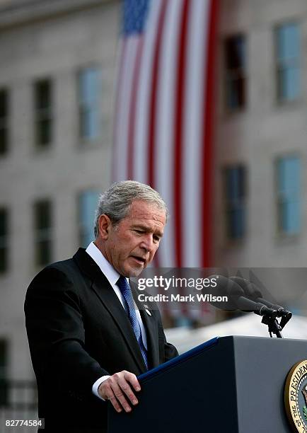 President George W. Bush speaks during the Pentagon Memorial dedication ceremony on the seventh anniversary of the 9-11 terrorist attacks September...