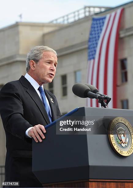 In this handout from the U.S. Department of Defence , U.S. President George W. Bush speaks at the Pentagon Memorial dedication ceremony September 11,...