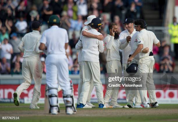 England celebrate winning the series between England and South Africa during the fourth day of the fourth test at Old Trafford on August 7, 2017 in...