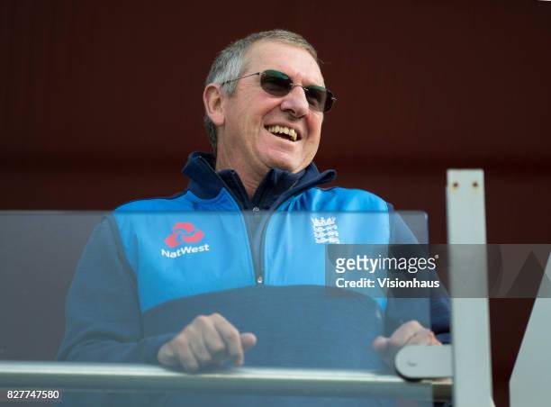 Trevor Bayliss, the England head coach on the balcony after the fourth day of the fourth test between England and South Africa at Old Trafford on...