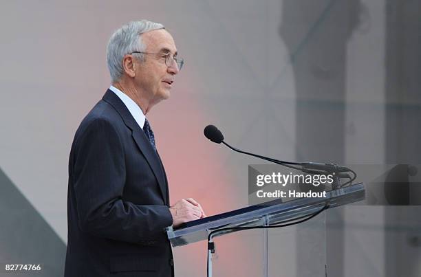 In this handout from the U.S. Department of Defence , Deputy Secretary of Defense Gordon R. England speaks at the Pentagon Memorial dedication...