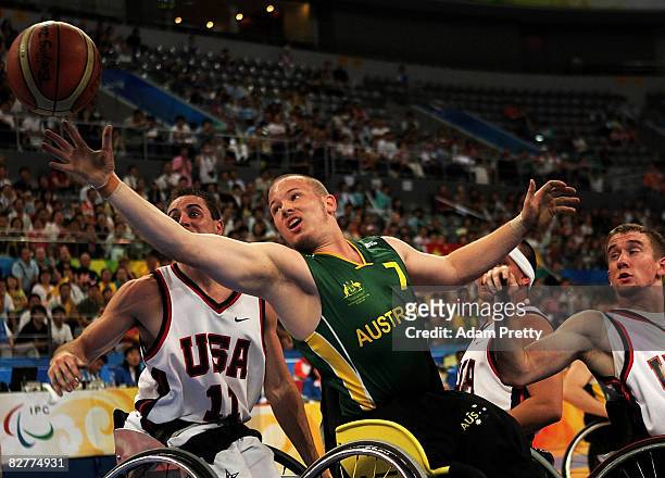 Shaun Norris of Australia in action in the Wheelchair Basketball match between the USA and Australia at the National Indoor Stadium during day five...