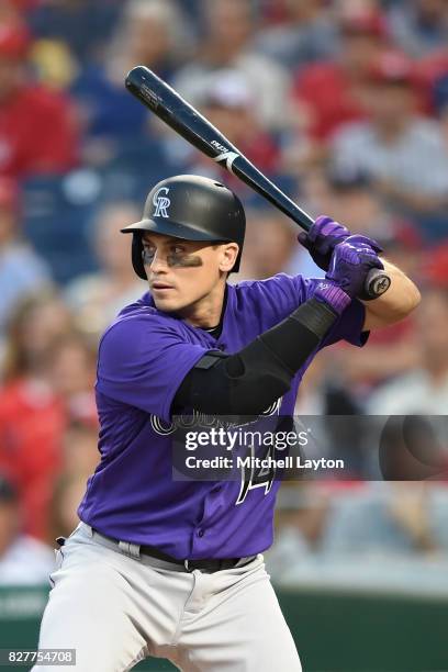 Tony Wolters of the Colorado Rockies prepares for a pitch during game two of a doubleheader baseball game against the Washington Nationals at...