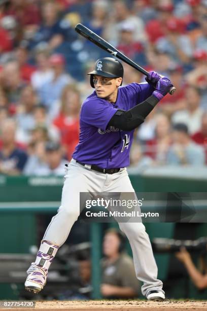 Tony Wolters of the Colorado Rockies prepares for a pitch during game two of a doubleheader baseball game against the Washington Nationals at...