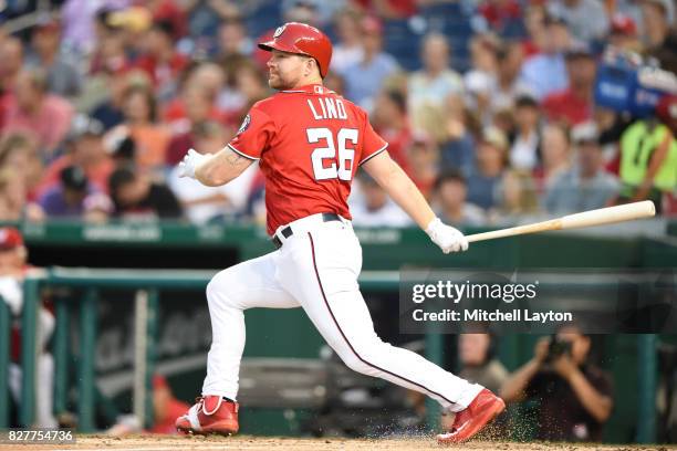 Adam Lind of the Washington Nationals takes a swing during game two of a doubleheader baseball game against the Colorado Rockies at Nationals Park on...
