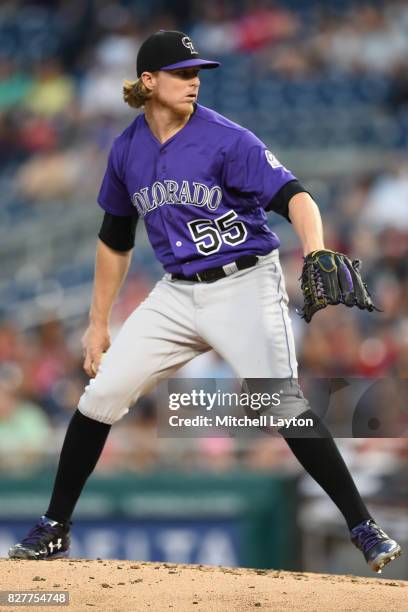 Jon Gray of the Colorado Rockies pitches during game two of a doubleheader baseball game against the Washington Nationals at Nationals Park on July...