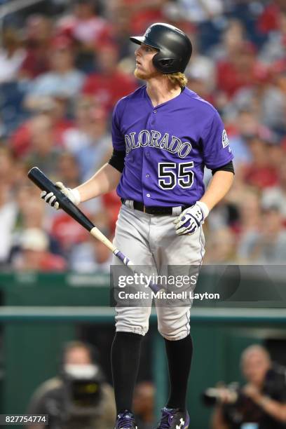 Jon Gray of the Colorado Rockies reacts to a pitch during game two of a doubleheader baseball game against the Washington Nationals at Nationals Park...