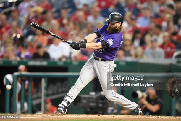 Charlie Blackmon of the Colorado Rockies takes a swing during game two of a doubleheader baseball game against the Washington Nationals at Nationals...