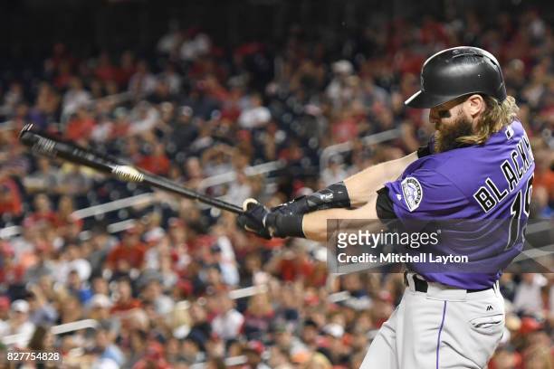 Charlie Blackmon of the Colorado Rockies takes a swing during game two of a doubleheader baseball game against the Washington Nationals at Nationals...