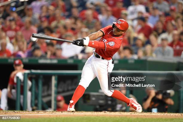 Wilmer Difo of the Washington Nationals takes a swing during game two of a doubleheader baseball game against the Colorado Rockies at Nationals Park...