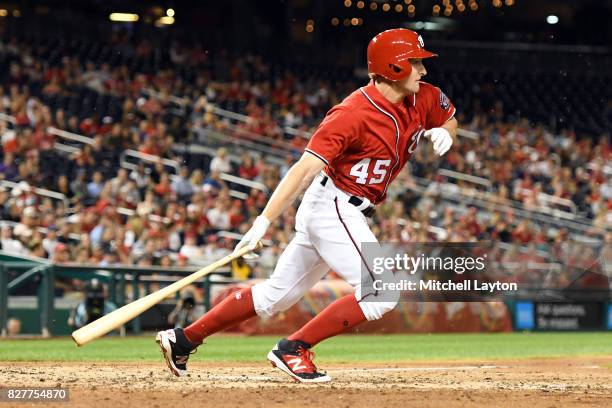 Andrew Stevenson of the Washington Nationals takes a swing during game two of a doubleheader baseball game against the Colorado Rockies at Nationals...