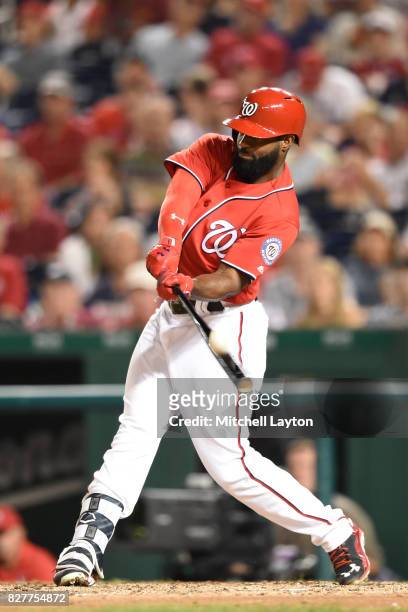 Brian Goodwin of the Washington Nationals takes a swing during game two of a doubleheader baseball game against the Colorado Rockies at Nationals...