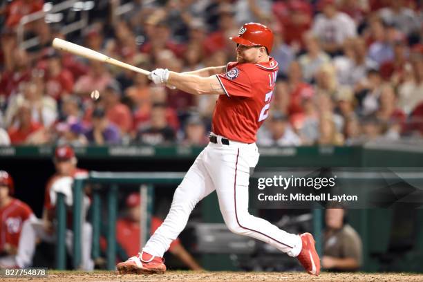 Adam Lind of the Washington Nationals takes a swing during game two of a doubleheader baseball game against the Colorado Rockies at Nationals Park on...