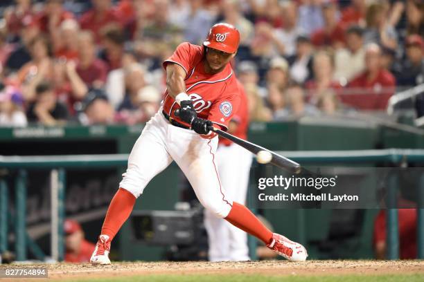 Wilmer Difo of the Washington Nationals takes a swing during game two of a doubleheader baseball game against the Colorado Rockies at Nationals Park...