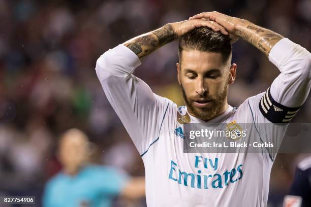 Sergio Ramos of Real Madrid reacts after the missed shot on goal during the MLS All-Star match between the MLS All-Stars and Real Madrid at the...