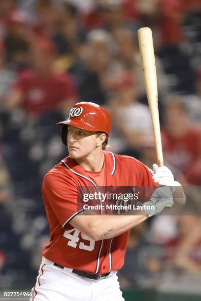 Andrew Stevenson of the Washington Nationals prepares for a pitch during game two of a doubleheader baseball game against the Colorado Rockies at...