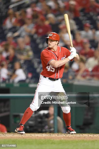 Andrew Stevenson of the Washington Nationals prepares for a pitch during game two of a doubleheader baseball game against the Colorado Rockies at...