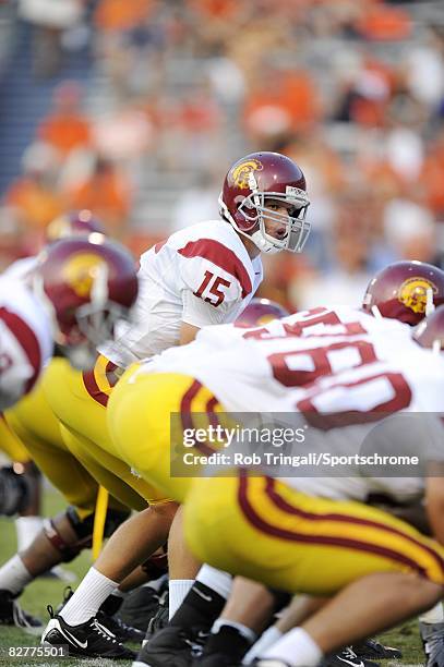 Aaron Corp of the Southern California Trojans calls signals from the line of scrimmage against the Virginia Cavaliers during the game at Scott...