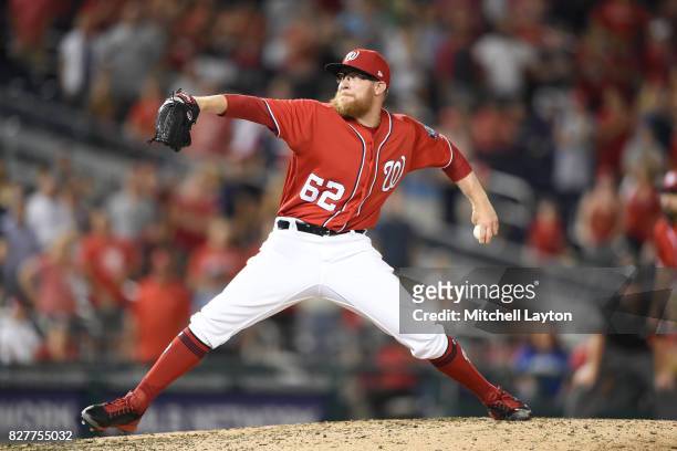 Sean Doolittle of the Washington Nationals pitches during game two of a doubleheader baseball game against the Colorado Rockies at Nationals Park on...