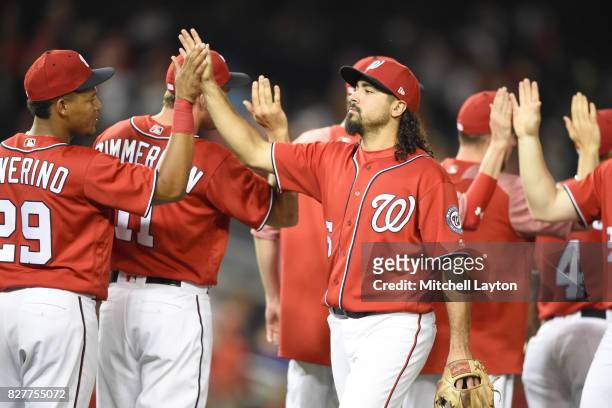 Anthony Rendon of the Washington Nationals celebrates a win after game two of a doubleheader baseball game against the Colorado Rockies at Nationals...