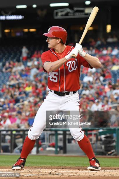 Andrew Stevenson of the Washington Nationals prepares fro a pitch during game two of a doubleheader baseball game against the Colorado Rockies at...