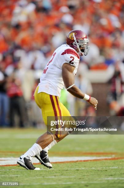 Taylor Mays of the Southern California Trojans defends against the Virginia Cavaliers during the game at Scott Stadium on August 30, 2008 in...