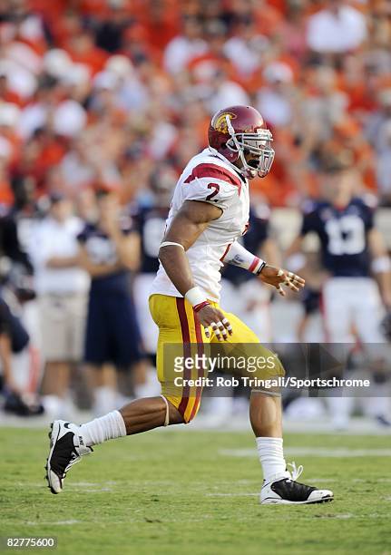 Taylor Mays of the Southern California Trojans defends against the Virginia Cavaliers during the game at Scott Stadium on August 30, 2008 in...