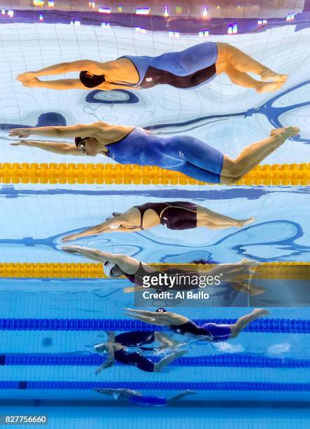 Franziska Hentke of Germany and Yufei Zhang of China compete during the Women's 200m Butterfly final on day fourteen of the Budapest 2017 FINA World...