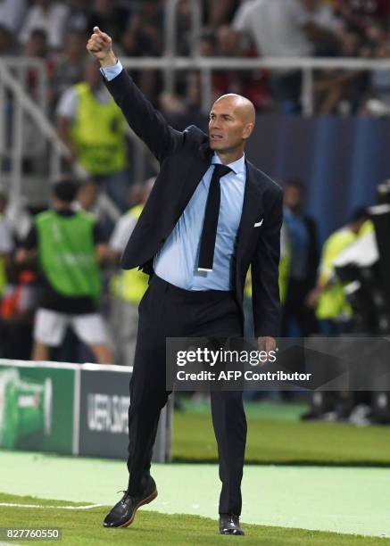 Real Madrid's French coach Zinedine Zidane gives his instructions during the UEFA Super Cup football match between Real Madrid and Manchester United...