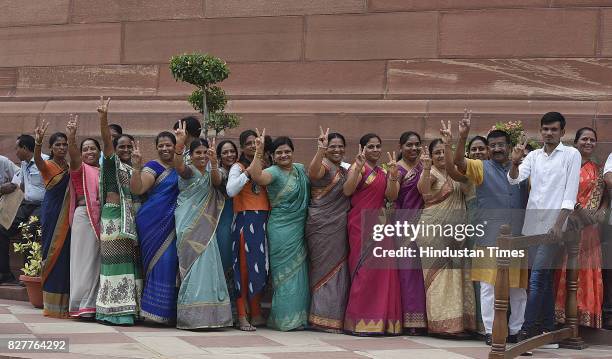 Visitors from Gujarat arrive during the Monsoon Session at Parliament House on August 8, 2017 in New Delhi, India.
