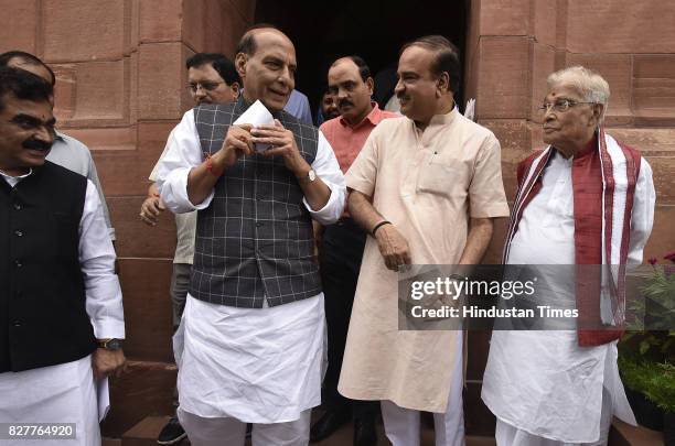 Senior BJP leader Murli Manohar Joshi along with Ananth Kumar, Rajnath Singh and others seen leaving after the Monsoon Session at Parliament House on...