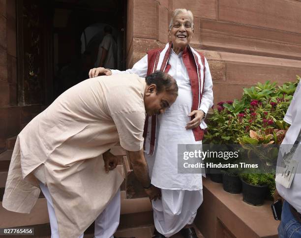Senior BJP leader Murli Manohar Joshi with Ananth Kumar during the Monsoon Session at Parliament House on August 8, 2017 in New Delhi, India.