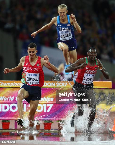 Conseslus Kipruto of Kenya, Soufiane Elbakkali of Morocco, and Evan Jager of the United States compete in the Men's 3000 metres Steeplechase final...