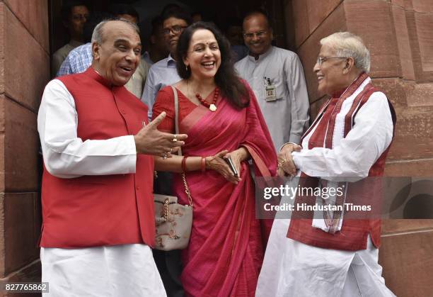 Senior BJP leader Murli Manohar Joshi along with Hema Malini and Jagdambika Pal during the Monsoon Session at Parliament House on August 8, 2017 in...
