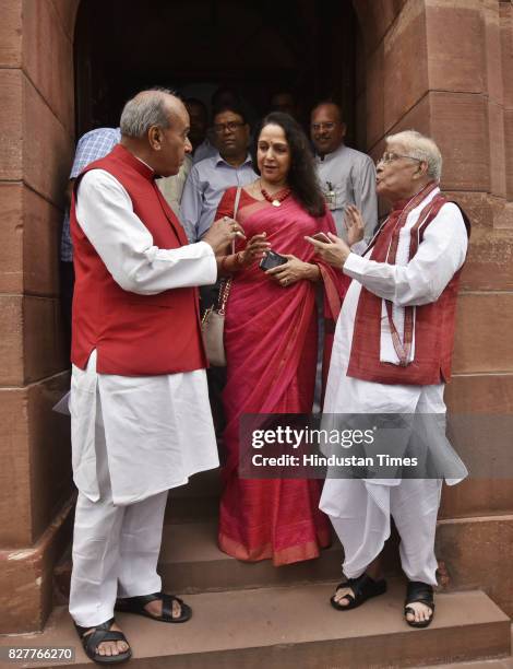 Senior BJP leader Murli Manohar Joshi along with Hema Malini and Jagdambika Pal during the Monsoon Session at Parliament House on August 8, 2017 in...