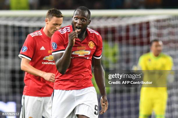 Manchester United's Belgian striker Romelu Lukaku shouts during the UEFA Super Cup football match between Real Madrid and Manchester United on August...