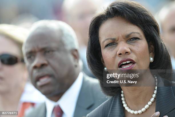 In this handout image provided by the U.S. Navy, U.S. Secretary of State Condoleezza Rice attends the Pentagon Memorial dedication ceremony September...