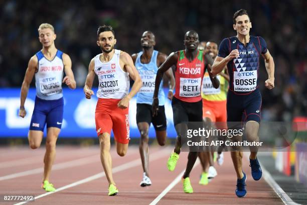 France's Pierre-Ambroise Bosse beats Poland's Adam Kszczot and Kenya's Kipyegon Bett to the line in the final of the men's 800m athletics event at...