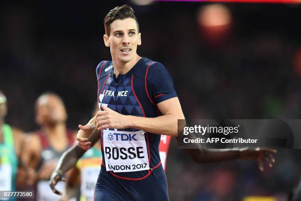 France's Pierre-Ambroise Bosse celebrates after winning the final of the men's 800m athletics event at the 2017 IAAF World Championships at the...