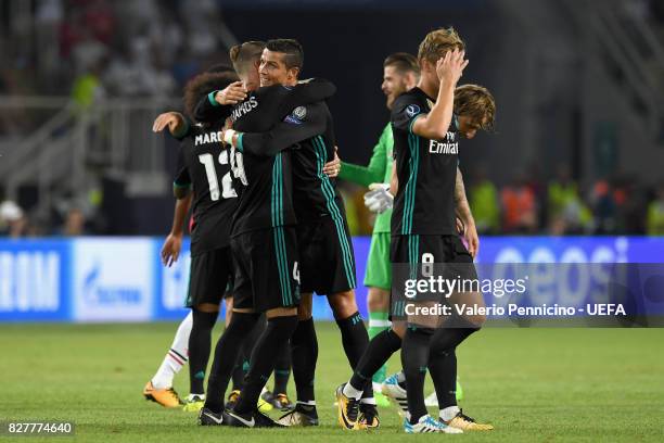 Sergio Ramos of Real Madrid and Cristiano Ronaldo of Real Madrid celebrate victory after the UEFA Super Cup final between Real Madrid and Manchester...