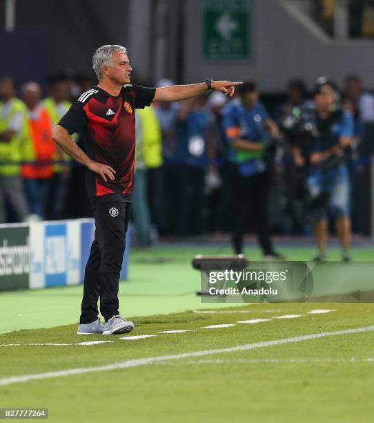 Head Coach of Manchester United Jose Mourinho gives tactics to his team during the UEFA Super Cup final between Real Madrid and Manchester United at...