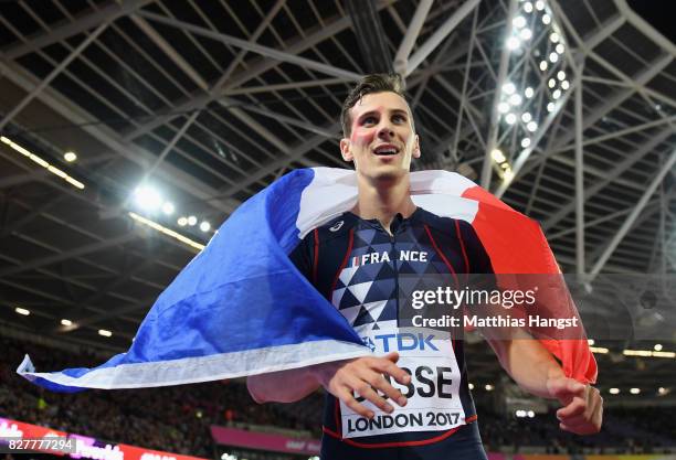 Pierre-Ambroise Bosse of France celebrates after winning the Men's 800 metres final during day five of the 16th IAAF World Athletics Championships...