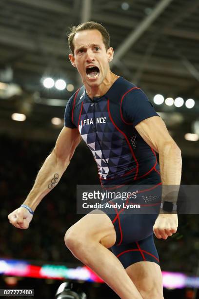 Renaud Lavillenie of France reacts as he competes in the Men's Pole Vault final during day five of the 16th IAAF World Athletics Championships London...