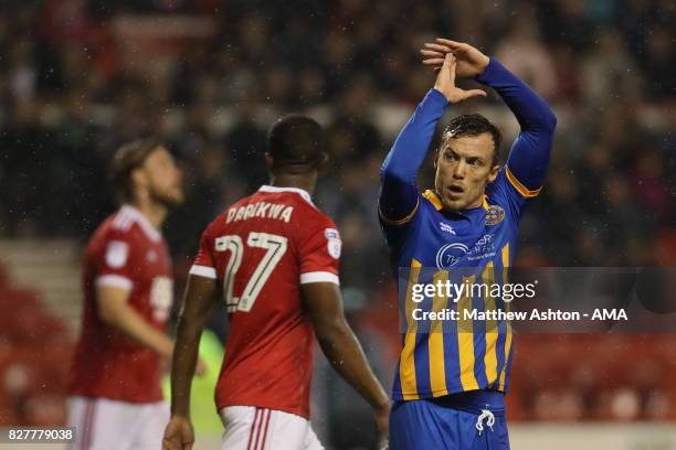 Shaun Whalley of Shrewsbury Town celebrates after scoring a goal to make it 2-1 during the Carabao Cup First Round match between Nottingham Forest...