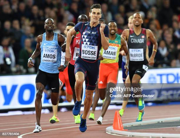 France's Pierre-Ambroise Bosse leads in the final of the men's 800m athletics event at the 2017 IAAF World Championships at the London Stadium in...