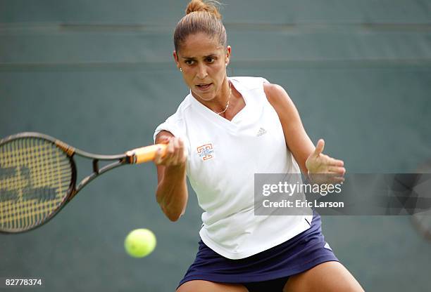 Tennessee's Vilmarie Castellvi hits a forehand against Stanford's Amber Liu of Stanford University during the Division I Women's Tennis Championship...